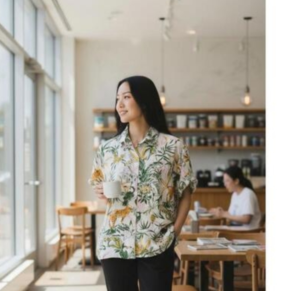 Tropical Print Linen Camp Shirt By Rachel Zoe